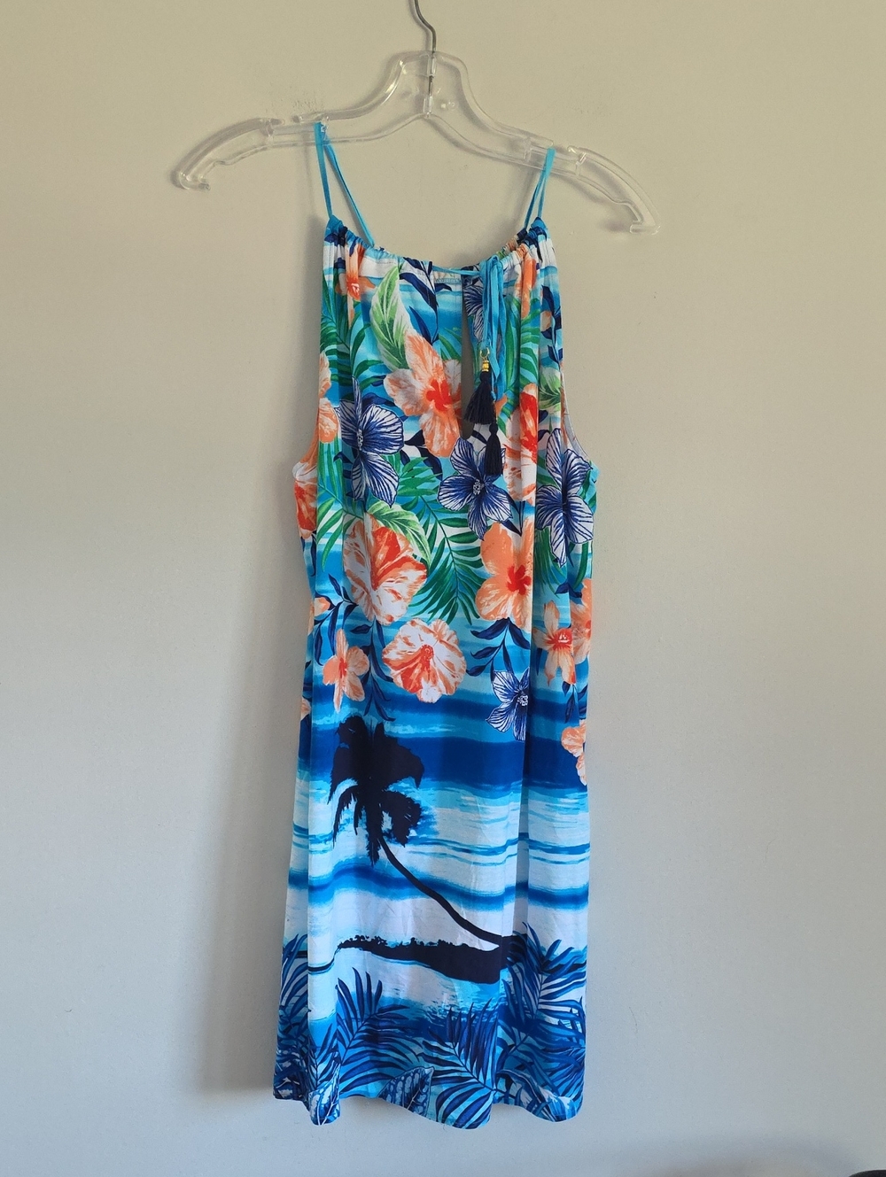 TOMMY BAHAMA | Floral Hawaiian Drawstring Neck Relaxed Dress nlue Orange Sz S